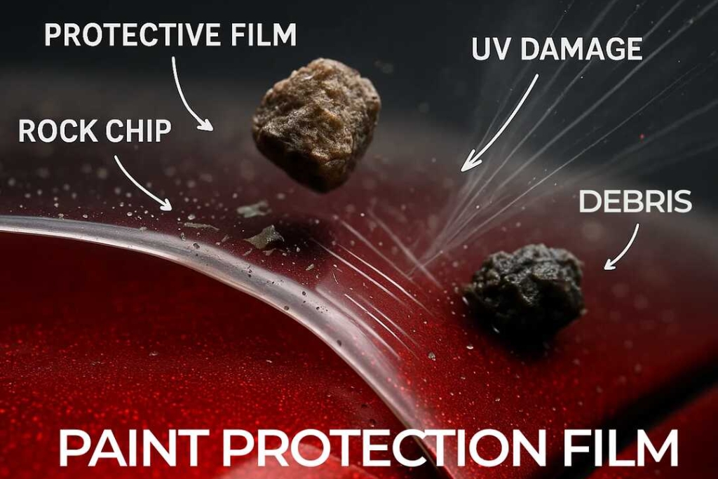 Close-up image showing Paint Protection Film on a red car’s hood as it deflects rock chips, UV damage, and road debris. The labeled visual illustrates Why PPF Is Perfect for Troutman, NC by highlighting real-world threats like gravel and sun exposure.