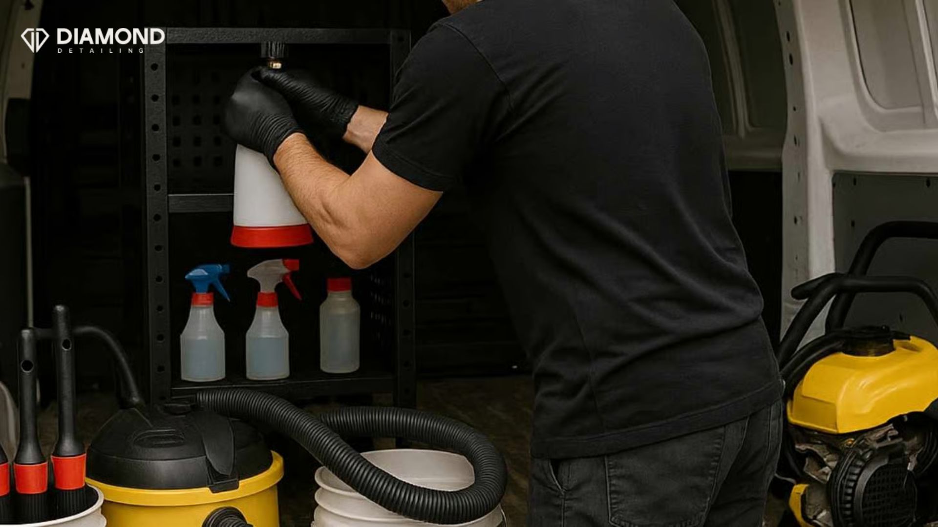 A mobile detailing professional organizing spray bottles and equipment inside a van, with Diamond Detailing branding in the corner.